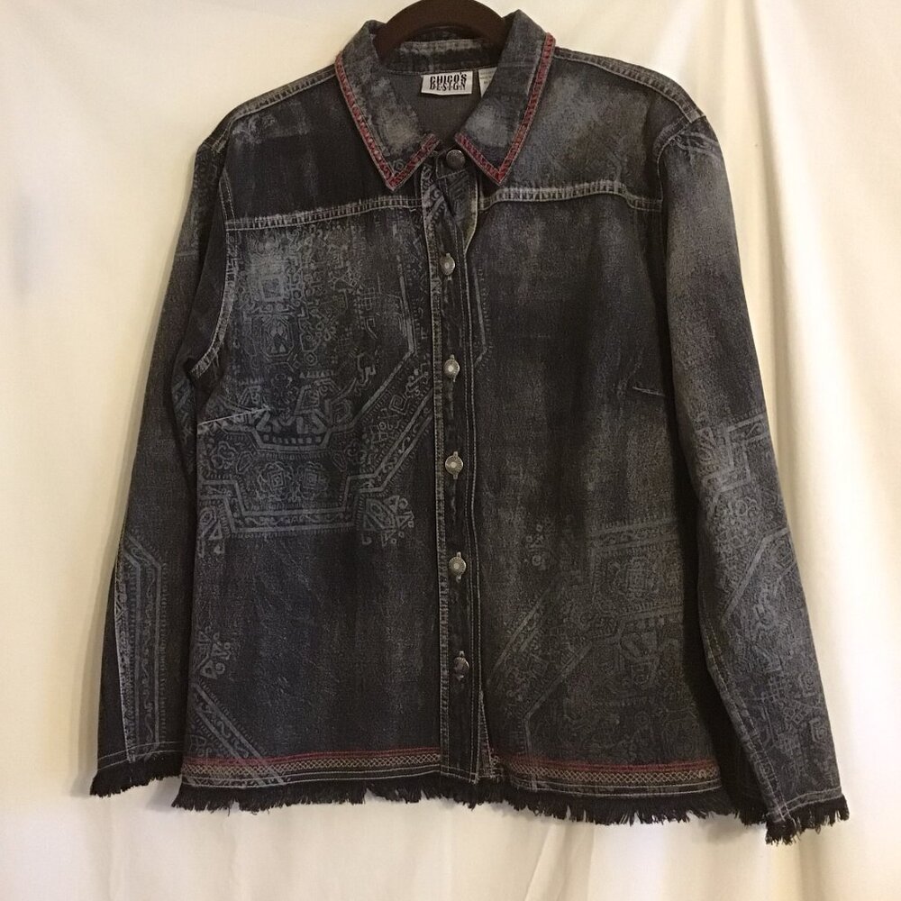 CHICO's Black VTG Wash, Stamped Embroidered Fringed Denim Jacket SZ 2 MED 10/12